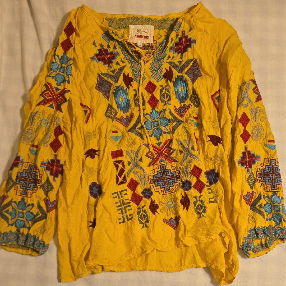 Johnny Was Yellow Embroidered Blouse